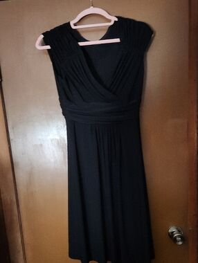 Chaps Black Midi Wrap Dress with Ruched Shoulders